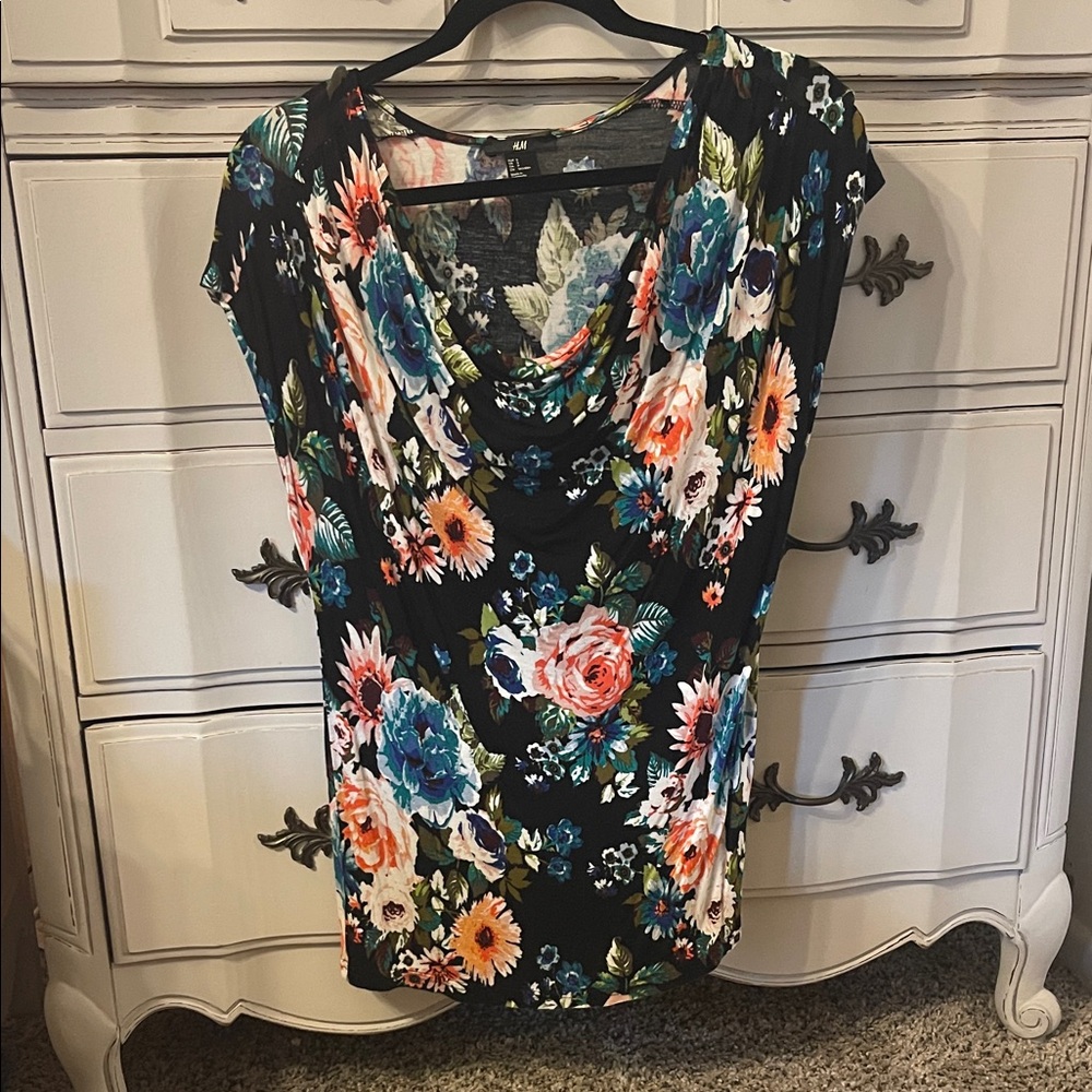 H&M Black Floral Blouse with Blue and Pink Accents